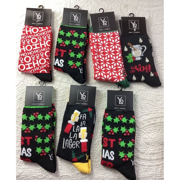 Lot of 7 Pairs Yo Sox Mens Christmas Socks Size 7-12 Cotton Blend Gift Set*New - Picture 1 of 9